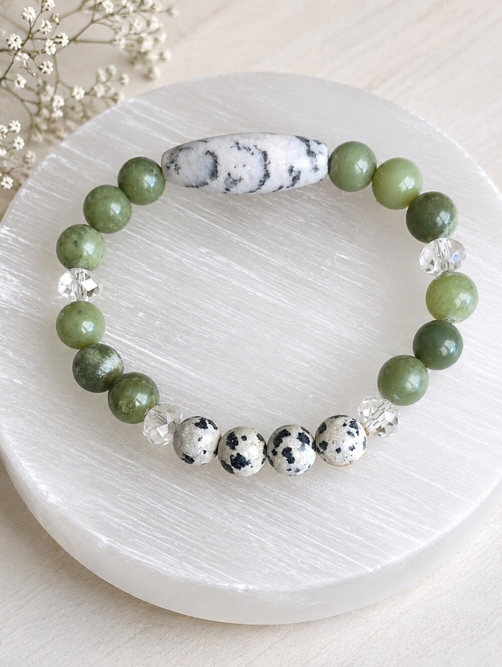 Green Serpentine, Dalmatian Jasper & Zebra Jasper Beads Stretch Bracelet
